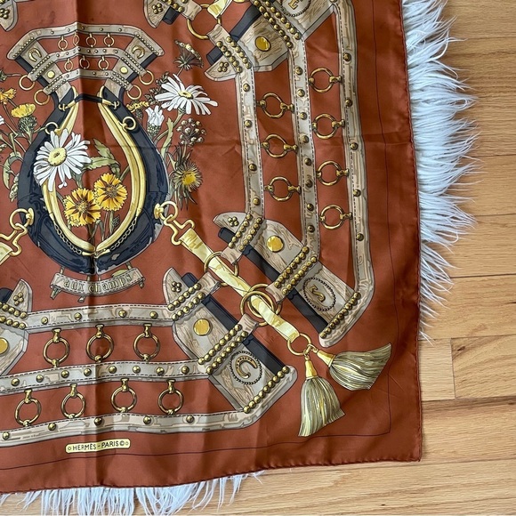 Hermès Vintage Brown Square Aux Champs Equestrian Floral Print Silk Scarf 90cm - Picture 8 of 12